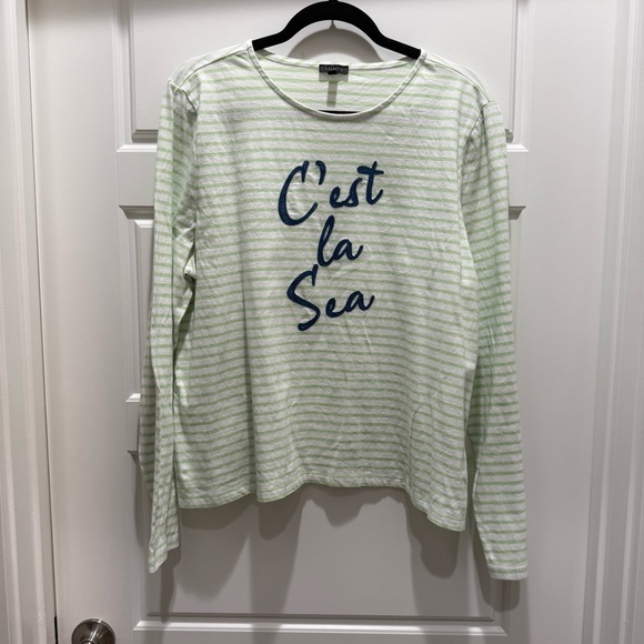 Talbots Green and White Stripe C’est La Vie Sea Crewneck Tee XL Nautical Beach - Picture 2 of 6